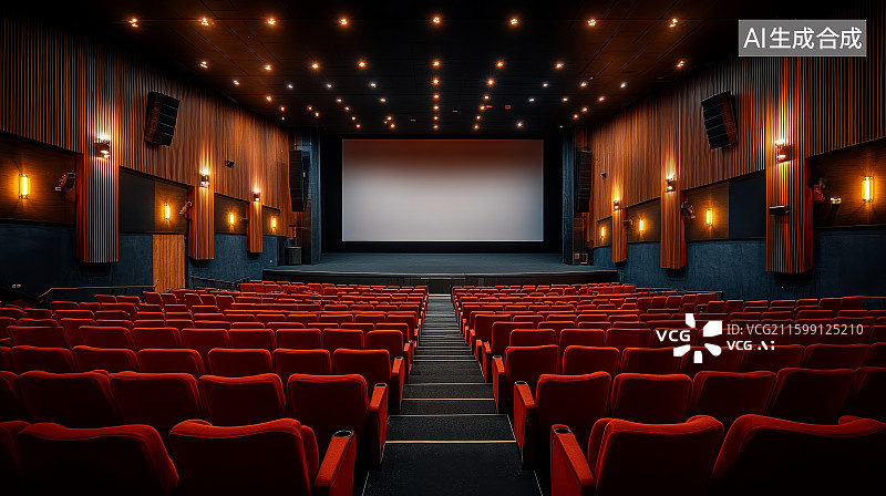 【AI数字艺术】空旷的现代IMAX影院巨幕放映厅空座位图片素材