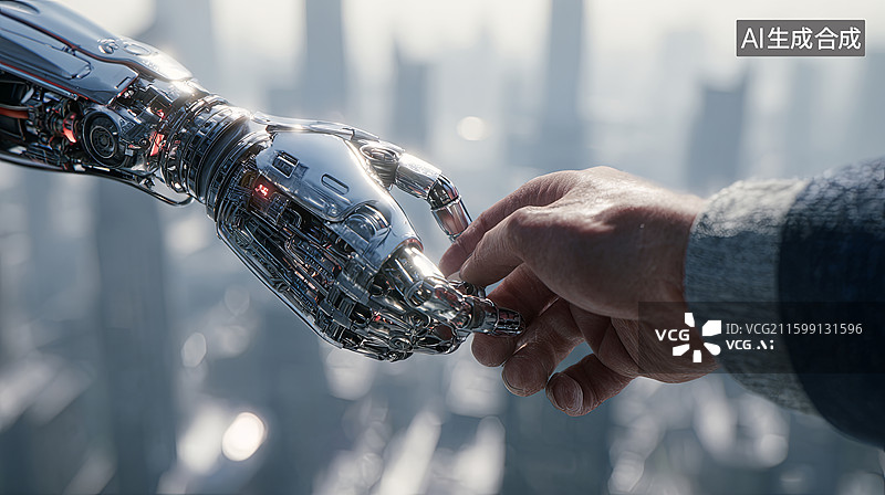 【AI数字艺术】机械手与人类手相触图片素材