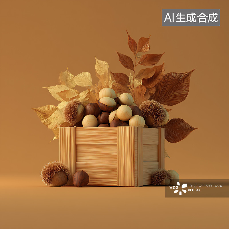 【AI数字艺术】栗子秋叶篮立体图片素材