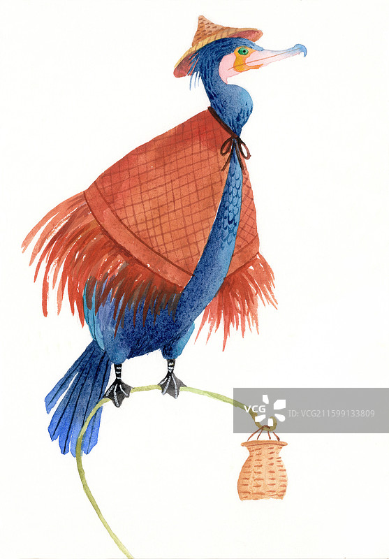 渔夫鸬鹚鸟手绘儿童插画图片素材