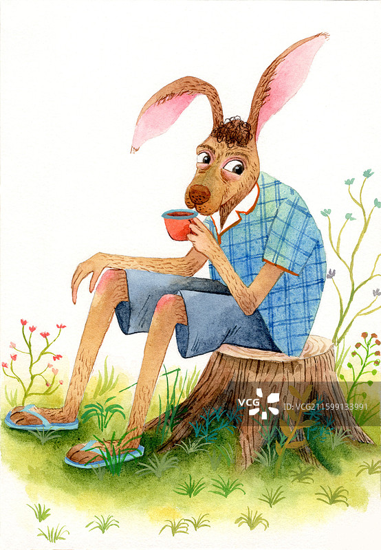 喝茶的兔子先生手绘插图图片素材