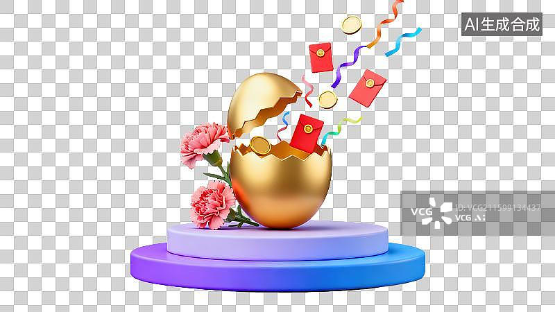 【AI数字艺术】电商运营3D插画两层产品展台一枚金蛋微启红包彩带和金币从内飞出欢庆购物节日和中华文化喇叭金锤鲜花促销图片素材