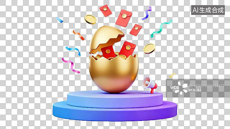 【AI数字艺术】电商运营3D插画两层产品展台一枚金蛋微启红包彩带和金币从内飞出欢庆购物节日和中华文化喇叭金锤鲜花促销图片素材