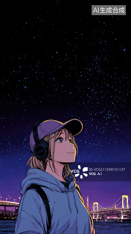 【AI数字艺术】夜景下戴耳机的女孩图片素材