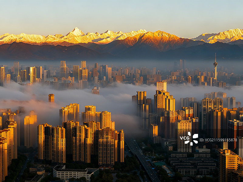 中国四川成都四姑娘山幺妹峰下的城市风光航拍图图片素材