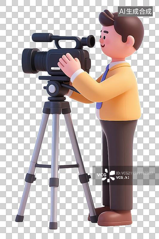 【AI数字艺术】年轻摄影师西服正装 新闻录像采访工作记者节劳动节现代职业IP形象造型 3D三维卡通创意插画透明无背景图片素材