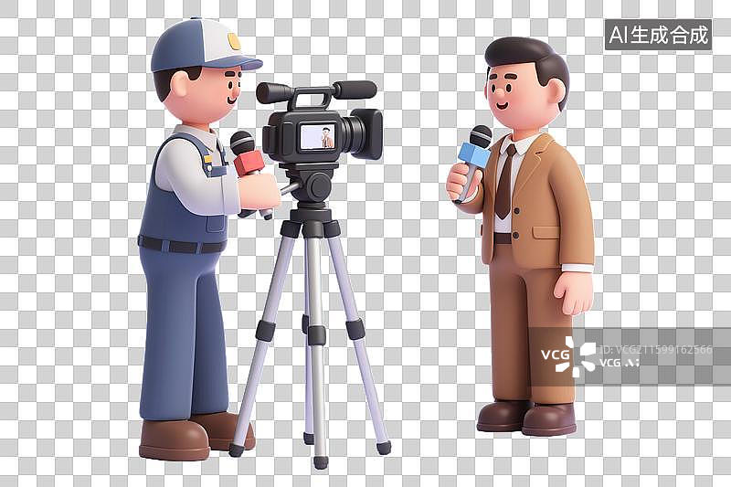 【AI数字艺术】年轻记者西服正装 新闻录像摄影拿话筒麦克风采访工作劳动节现代职业IP形象造型3D三维卡通透明无背景图片素材