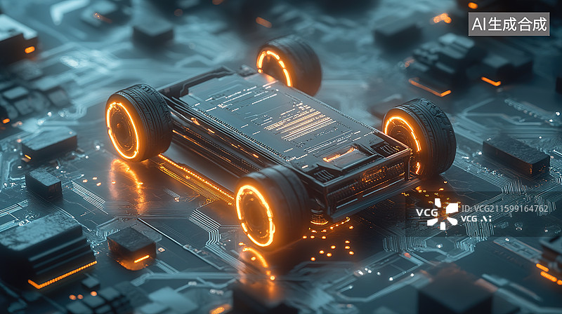 【AI数字艺术】电路板上的电动汽车底盘——新能源汽车电池科技概念图片素材