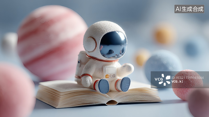 【AI数字艺术】坐在书本上穿着宇航服的宇航员，四周大小不一的星球图片素材
