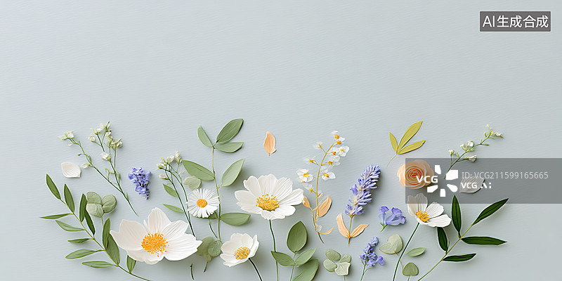 【AI数字艺术】白色纸板上平铺的鲜花浪漫装饰艺术背景图片素材