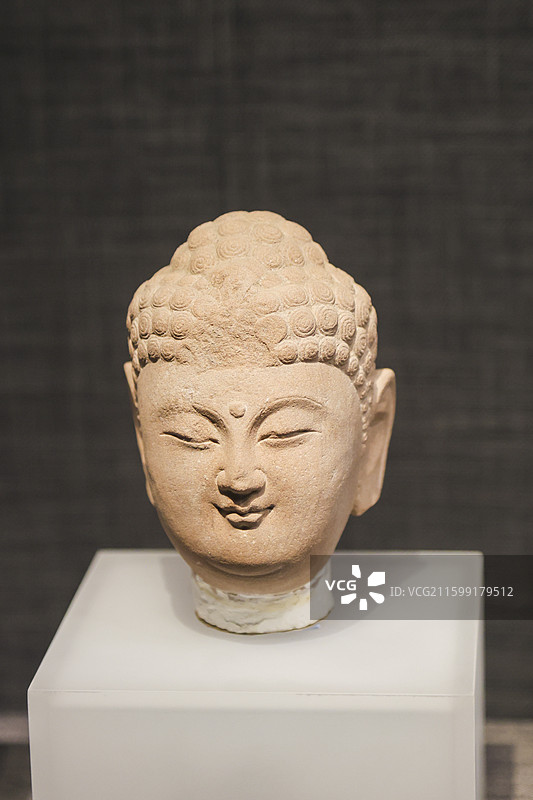 唐代红砂石螺发佛头像邯郸市博物馆邯郸古代石刻艺术陈列图片素材