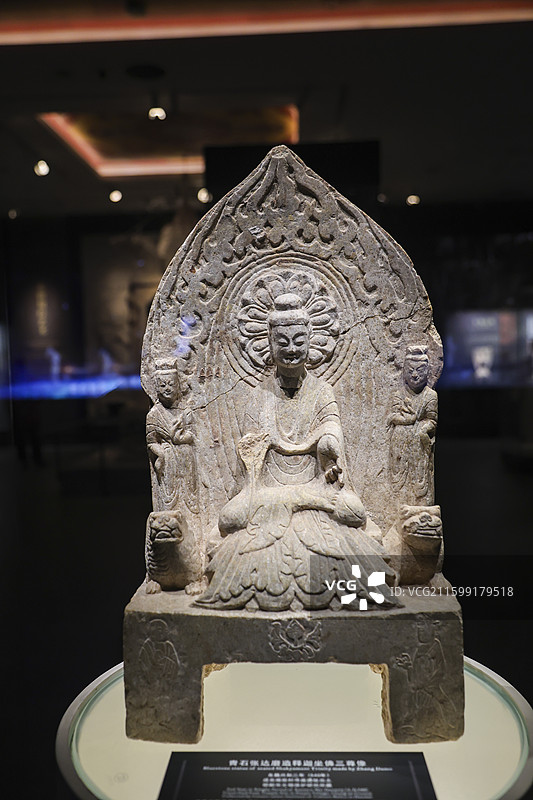 东魏 青石张达磨造释迦坐佛三尊像邯郸市博物馆邯郸古代石刻艺术陈列图片素材