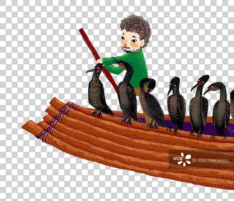 免抠元素 人物形象插画 渔夫和渔船上的鸬鹚图片素材