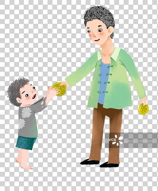 免抠元素 人物形象插画 男子给小男孩一张饼吃图片素材