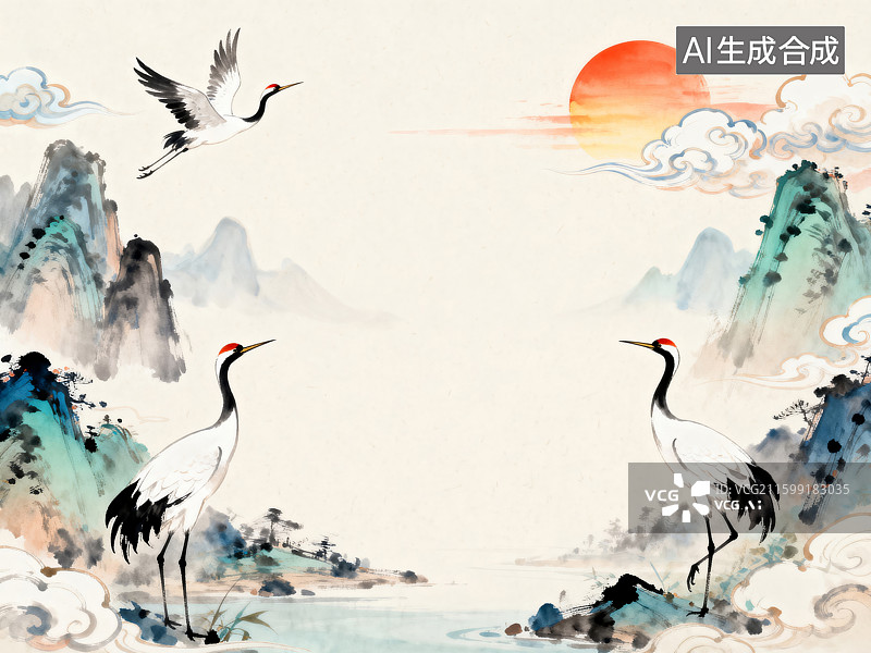 【AI数字艺术】中式山水仙鹤图图片素材