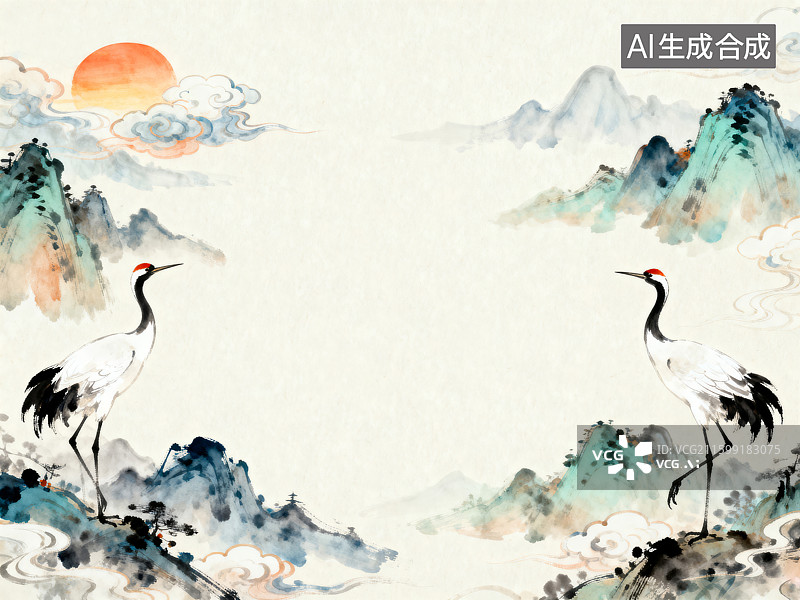 【AI数字艺术】中式山水仙鹤图图片素材