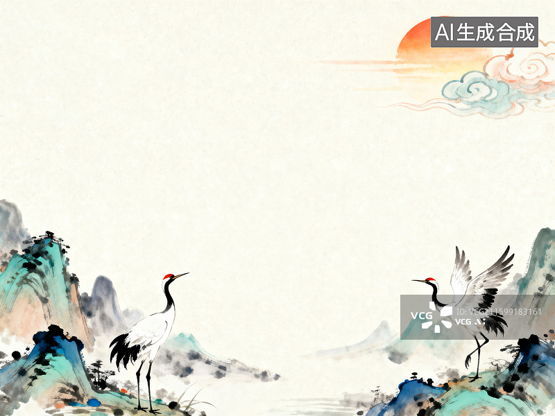 【AI数字艺术】中式山水仙鹤图图片素材