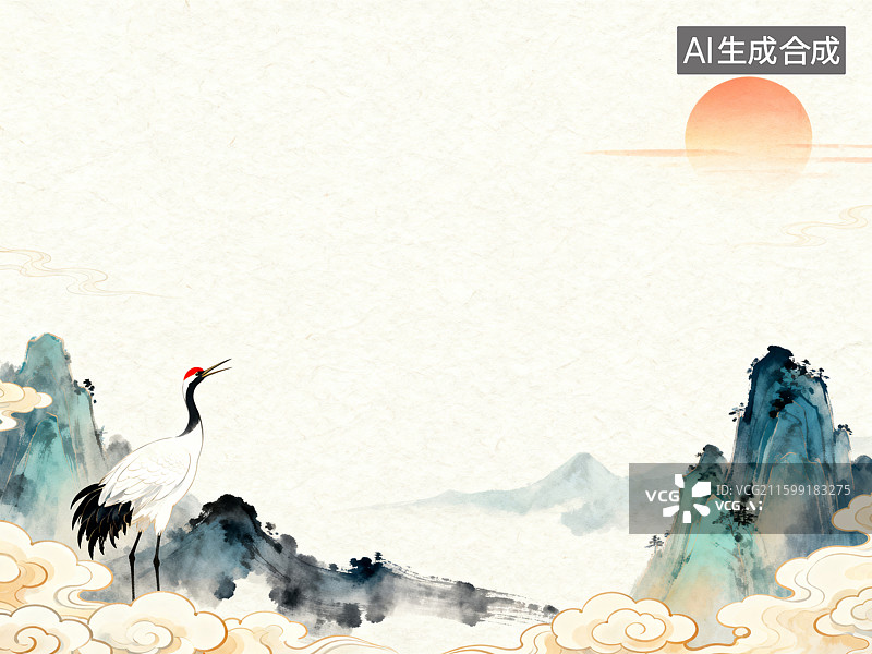 【AI数字艺术】中式山水仙鹤图图片素材