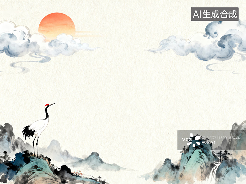 【AI数字艺术】中式山水仙鹤图图片素材