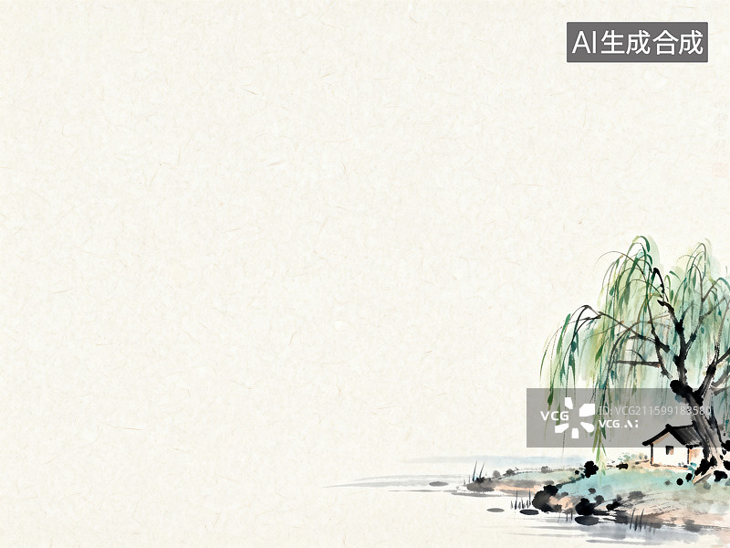 【AI数字艺术】水墨垂柳小屋宁静图图片素材