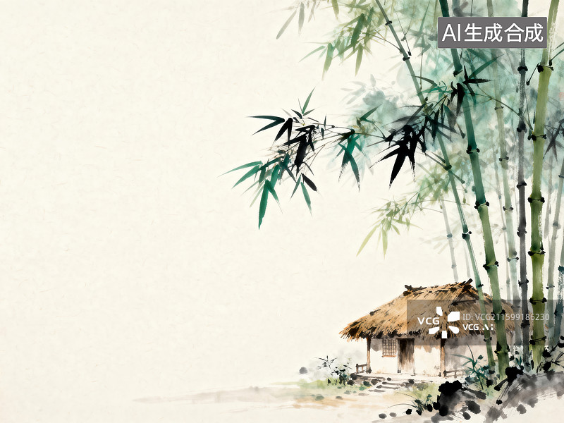 【AI数字艺术】中式水墨竹屋宁静景图片素材