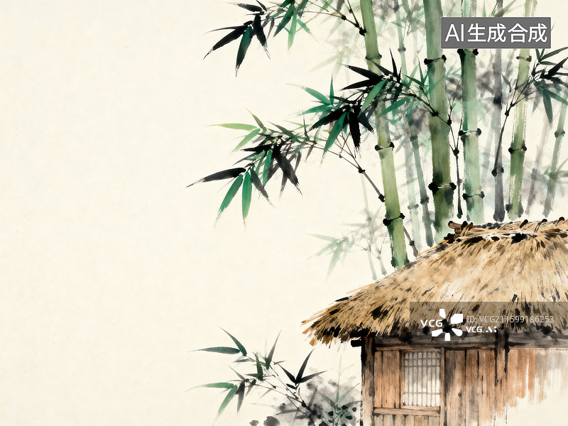 【AI数字艺术】中式水墨竹屋宁静景图片素材
