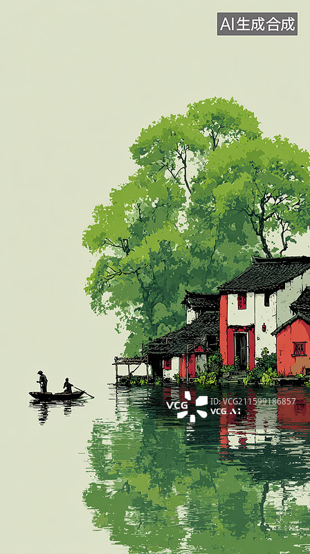 【AI数字艺术】水乡小屋与划船人图片素材