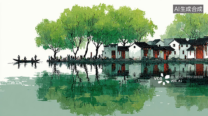 【AI数字艺术】湖畔白墙黛瓦村落图片素材