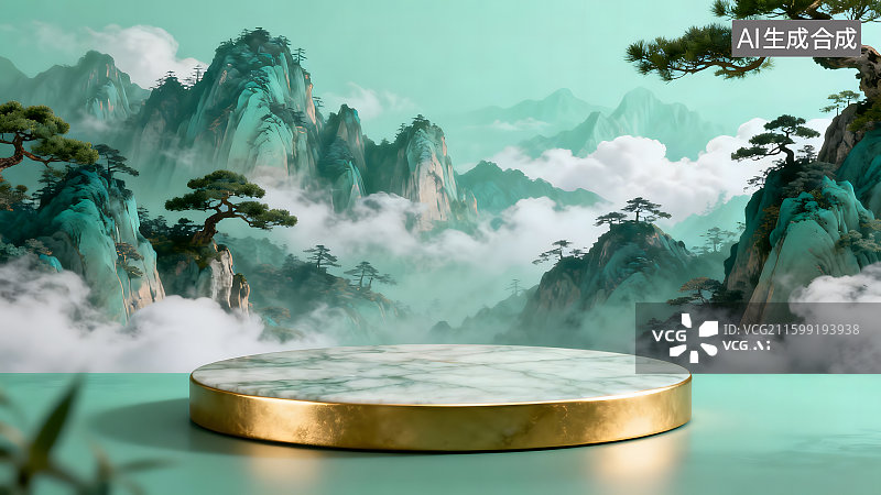 【AI数字艺术】新中式风格山水国潮产品展台建模背景图片素材