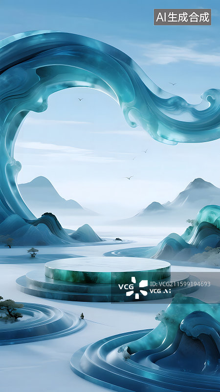 【AI数字艺术】国潮风玉石山水铲平展台建模背景壁纸图片素材