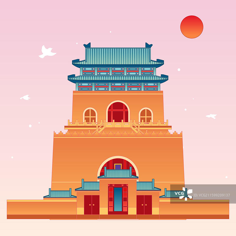 新中式国风最美中轴线北京钟楼插画图片素材