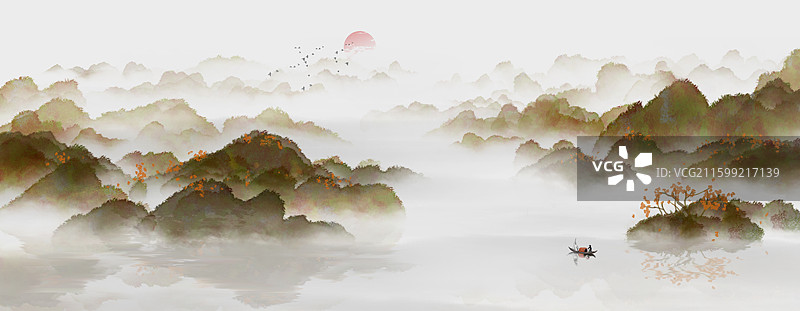 手绘中国风山水画图片素材