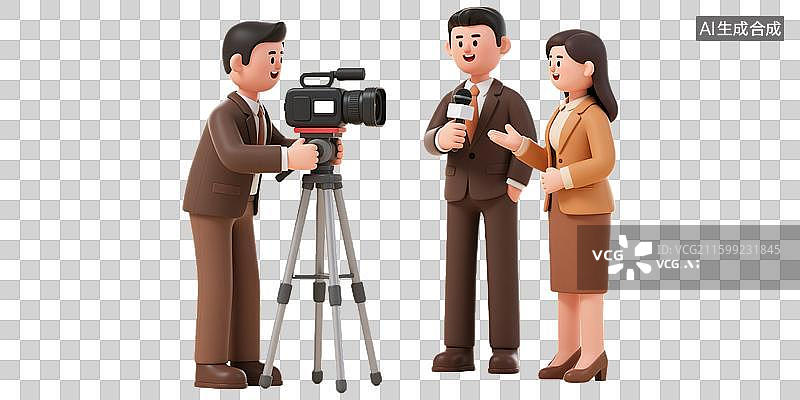 【AI数字艺术】年轻记者西服正装新闻录像摄影拍摄拿话筒麦克风采访工作劳动节现代职业IP形象造型3D三维卡通透明无背景图片素材