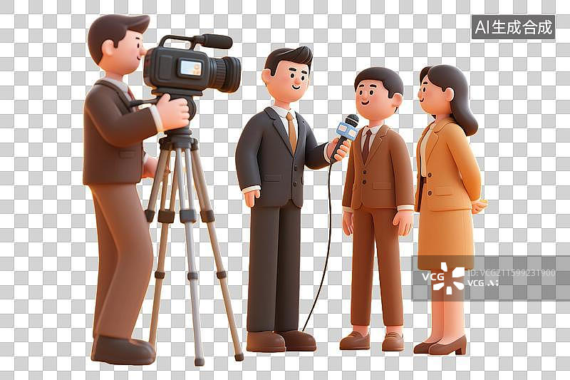 【AI数字艺术】年轻记者西服正装新闻录像摄影拍摄拿话筒麦克风采访工作劳动节现代职业IP形象造型3D三维卡通透明无背景图片素材