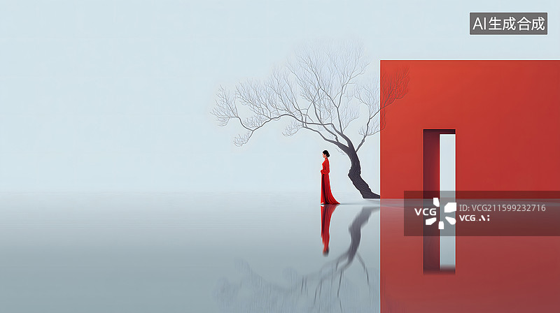 【AI数字艺术】极简意境里的红裙女子图片素材