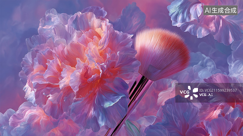 【AI数字艺术】柔美花瓣背景中的化妆刷图片素材