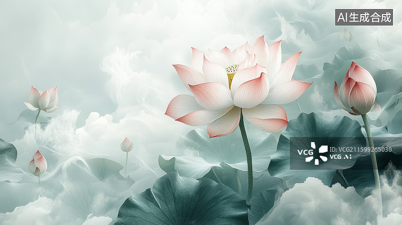 【AI数字艺术】盛开的夏日荷花背景图片素材