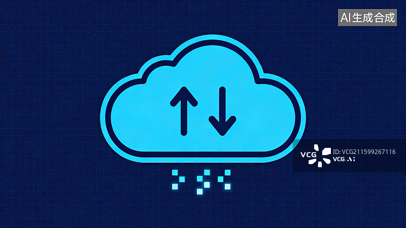 【AI数字艺术】蓝色科技粒子质感蓝色云朵上边有上传下载的箭头符号，科技云计算数据智能处理概念图片素材