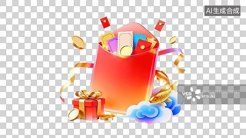【AI数字艺术】节日礼盒红包3D插画溢出闪耀的金币和红包环绕着吉祥的金鲤鱼和闪烁的粒子双十一春节富足幸运中国传统文化图片素材
