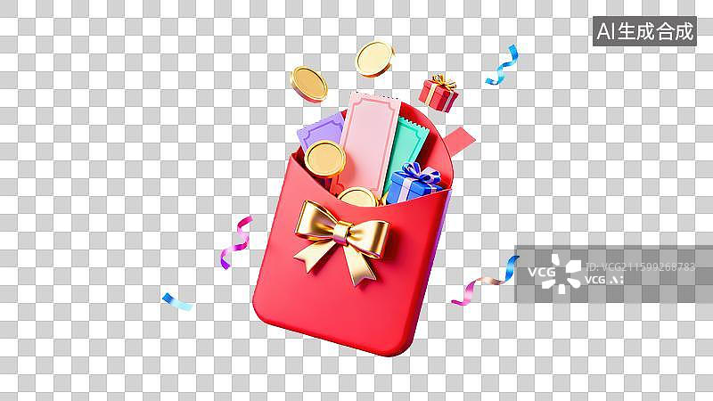 【AI数字艺术】新年红包3D插画面溢出绚丽金币优惠券礼盒缎带蝴蝶结富足幸运传统文化春节双十一购物促销元旦年货节图片素材