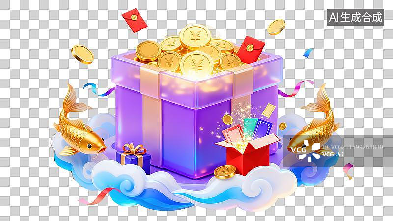 【AI数字艺术】新年红包3D插画面溢出绚丽金币优惠券礼盒缎带蝴蝶结富足幸运传统文化春节双十一购物促销元旦年货节图片素材
