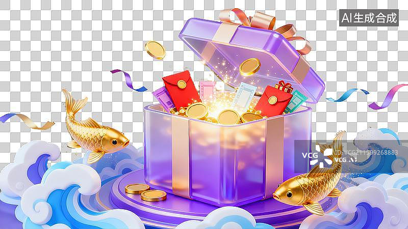 【AI数字艺术】节日礼盒红包3D插画溢出闪耀的金币和红包环绕着吉祥的金鲤鱼和闪烁的粒子双十一春节富足幸运中国传统文化图片素材