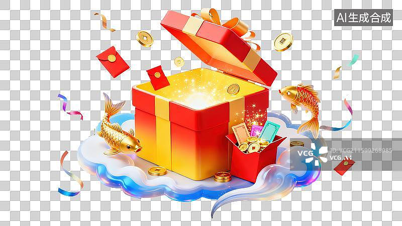 【AI数字艺术】节日礼盒红包3D插画溢出闪耀的金币和红包环绕着吉祥的金鲤鱼和闪烁的粒子双十一春节富足幸运中国传统文化图片素材