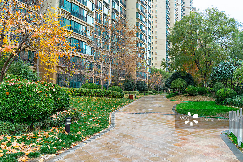 中国私家花园拍摄主题，居住区里的露台花园，社区里的绿化带和花园路石板路，户外白昼无人图像摄影图片素材