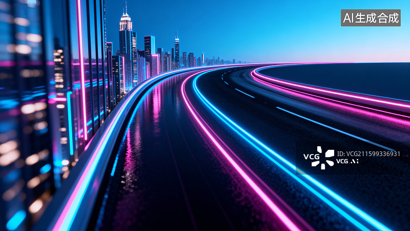 【AI数字艺术】赛博朋克风城市公路背景，城市夜景，公路车轨，汽车背景图片素材
