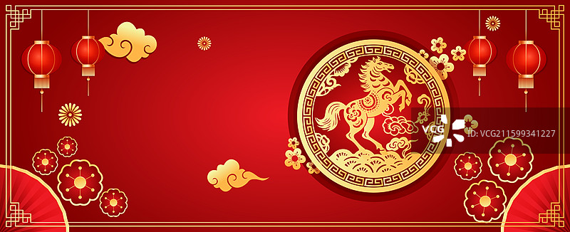 2026马年春节十二生肖午马金色剪纸矢量插画图片素材