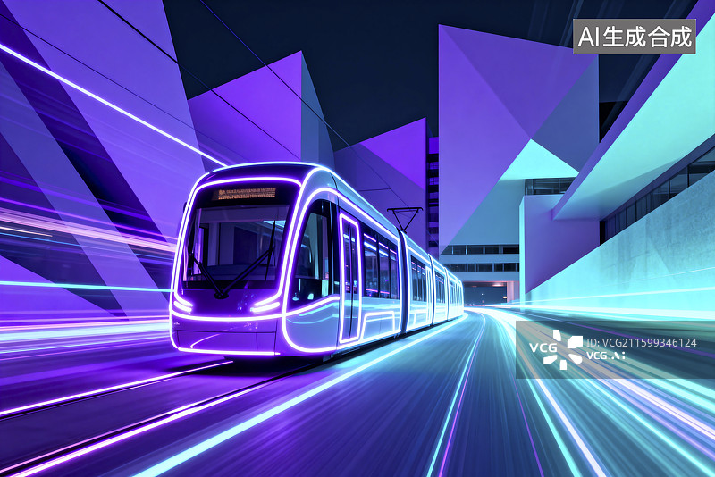 【AI数字艺术】未来感城市中的有轨电车图片素材