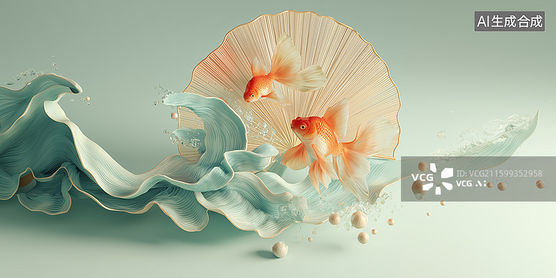 【AI数字艺术】金鱼丝扇水波立体图片素材