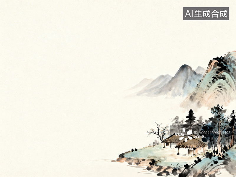 【AI数字艺术】传统中式山水村落水墨画图片素材
