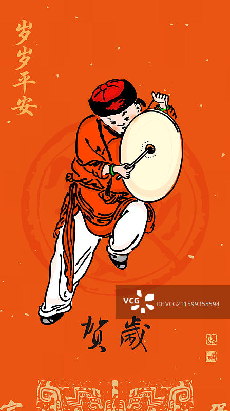 红色背景 春节 过年 新年 人物 年画 庙会 敲锣打鼓 扭秧歌 表演图片素材